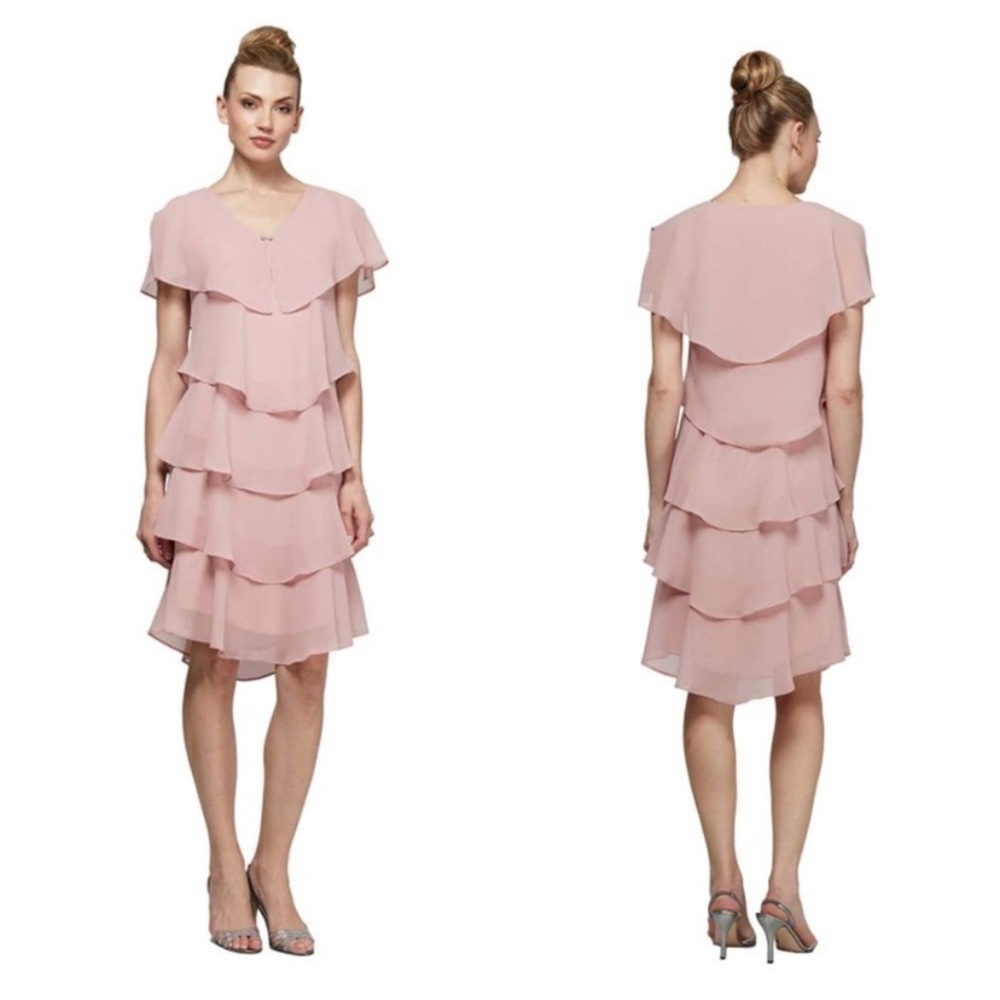 SLNY Elegant Layered Midi Dress in Blush Pink
